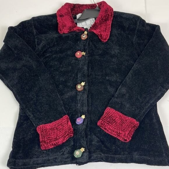 Vtg  J Two New York Black Maroon Cardigan Sweater w Perfume Bottle Buttons LARGE - Picture 11 of 12